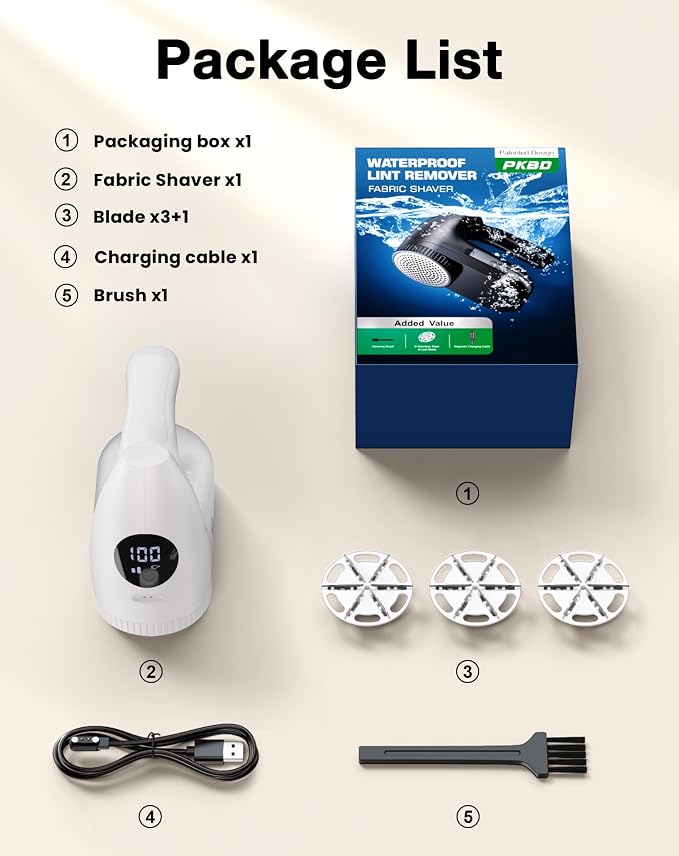 PKBD IPX6 Waterproof Washable Electric Fabric Shaver and Lint Remover, - Image 8