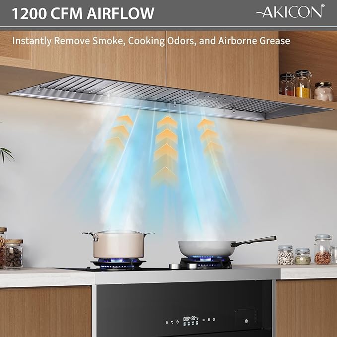 Akicon 54 Inch Range Hood Insert with Heater Sensor, 1200 CFM Ultra-Quiet Stainless Steel Ducted Vent Hood Insert with 4 Speed Fan, Dimmable LED Lights and Dishwasher Safe Filters