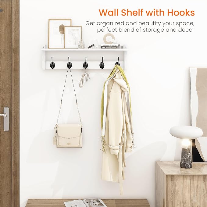 Coat Rack with Shelf Wall Mount, 24 Inch Long Wall Shelf with Hooks Underneath - Image 2