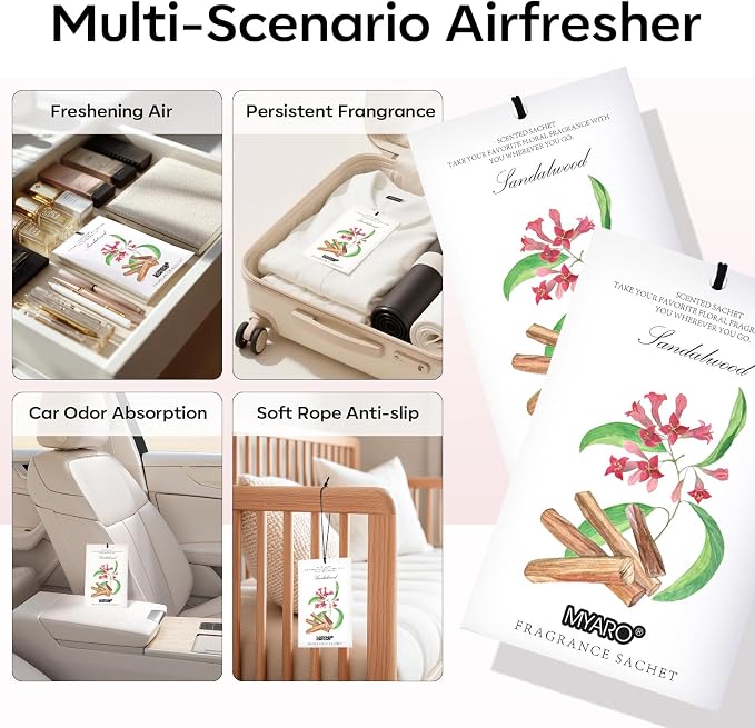 MYARO 12 Pack Sandalwood Scented Sachets, Closet Deodorizer Car Freshener - Image 3