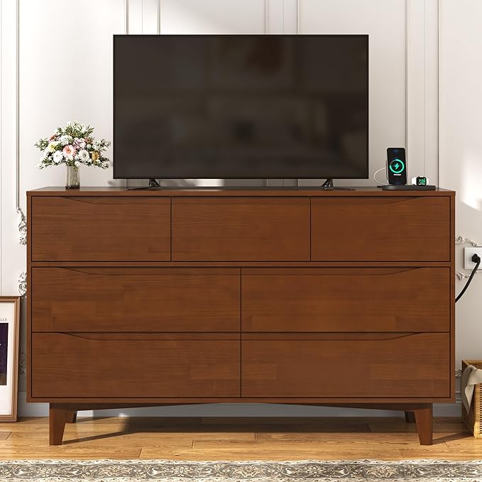 55”Solid Wood Drawers Dresser with Power Outlets, 7 Drawer Dresser for Bedroom, Mid Century Modern Vintage Large Chest of Dresser for Hallway, Entryway,Cutout Handle, Storage Essentials, Brown