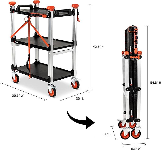 Crescent SITERUNNER, 3 Shelf Heavy Duty Folding Jobsite Cart - 300-lb Capacity, F3SCBL