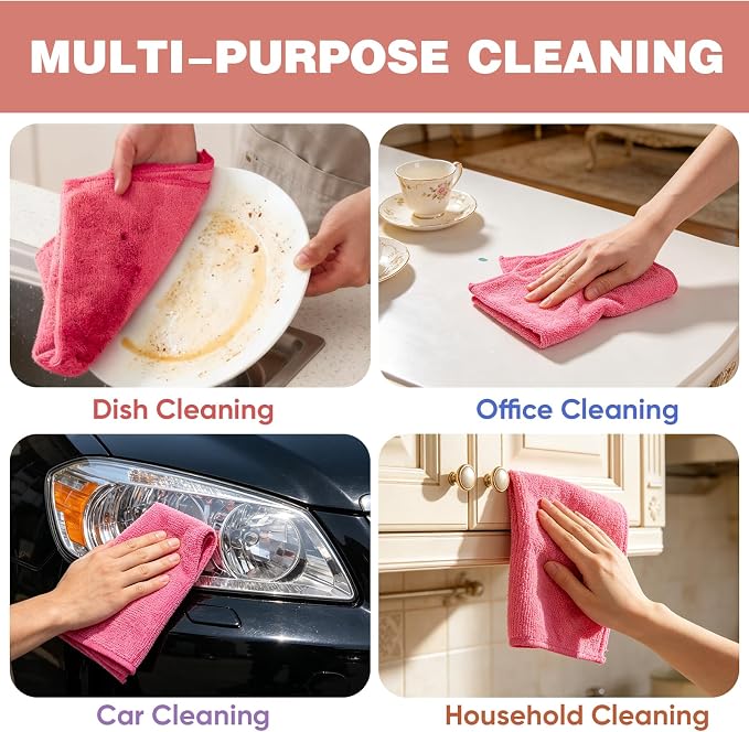 TEAWOO 10 PCS Pink Microfiber Cleaning Cloths, Car Towels, Kitchen Towels - Image 5