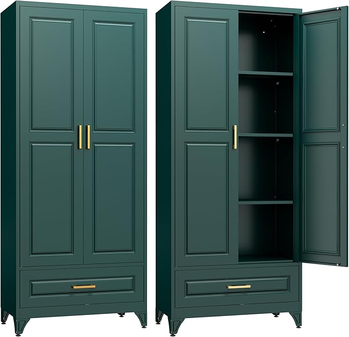 75" Kitchen Pantry Cabinet with Drawer, Metal Storage Cabinets with Doors and 4 Adjustable Shelves,Green Kitchen Cabinet with 2 Gold Handles,Food Cupboard for Livingroom,Pantry, Bathroom