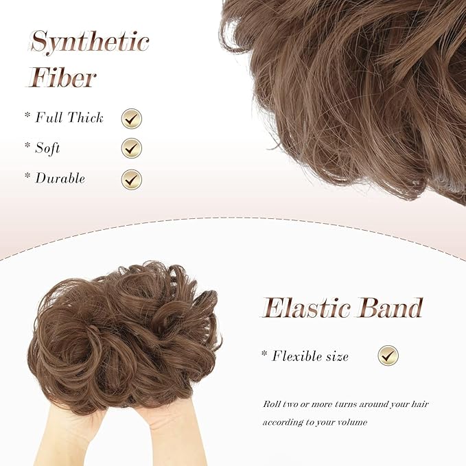 FESHFEN Large Messy Bun Hair Piece - Wavy Synthetic Chignon Scrunchies Elastic Ponytail Hair Extensions Thick Hairpieces for Women, Medium Auburn 1.94oz
