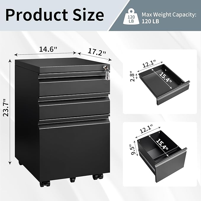 3 Drawer File Cabinet for Home Office, Under Desk Mobile Filing Cabinet with Lock for A4-Size/Letter-Size/Legal-Size, Black (HSEJ-3D)