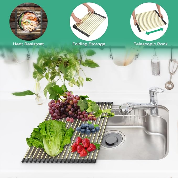 Large Telescopic Draining Rack, Gold Roll Up Heat-Resistant Dish Drainer for Stainless Steel Sinks, Non-Slip Silicone Rolling Dish Drainer Roll Rack 18 tube12.59-21.25x12.79''