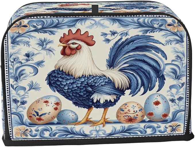 Toaster Cover 4 Slice, Easter Blue Cock Pattern Egg Anti Dust Protector for Bread Maker, Waterproof Kitchen Appliances Accessories