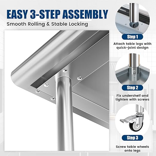 Stainless Steel Work Table with Wheels, 24x36 Inch NSF Kitchen Prep Table with Adjustable Undershelf for Commercial Restaurant, Garage, Outdoor BBQ