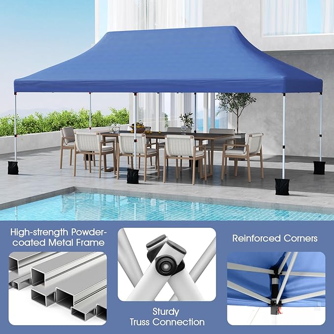 Tangkula 10x20 Ft Pop Up Canopy, Instant Setup Tent with 6 Sandbags, 12 Stakes & 6 Ropes, UPF 50+ Portable Outdoor Canopy Tent with Carrying Bag for Camp, Beach, Patio (Blue)