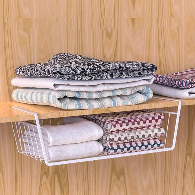 Modern Home Under Shelf Wire Storage Baskets – Hanging Organizer Rack for Cabinet, Pantry, or Closet – White Metal Basket for Kitchen, Towels, or Office – No Tools Required (Set of 4 15")