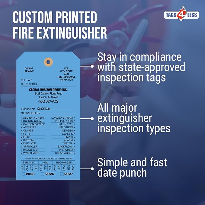 Tags 4 Less Custom Fire Extinguisher Tags – Preventative Maintenance Labels for Monthly Inspections, Alternative to Safety Sticker for Easy Record-Keeping – Pack of 100 (Dark Blue, Cardboard)