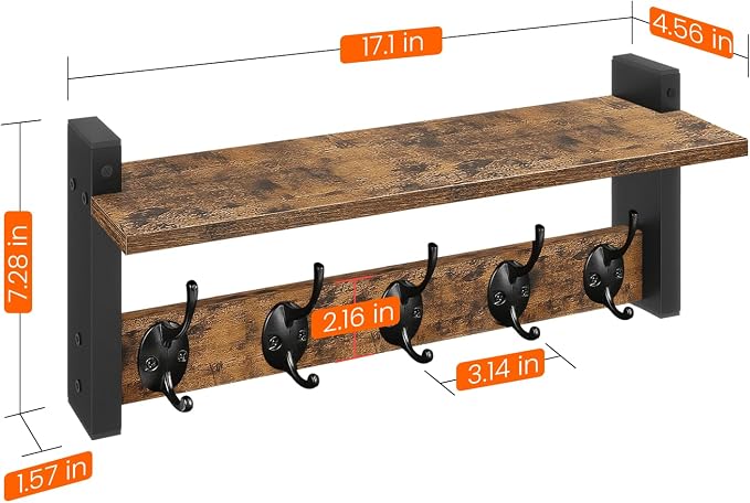 Wall Hooks with Shelf, Wood Coat Rack with Shelf Wall-Mounted, Entryway Hanging - Image 8