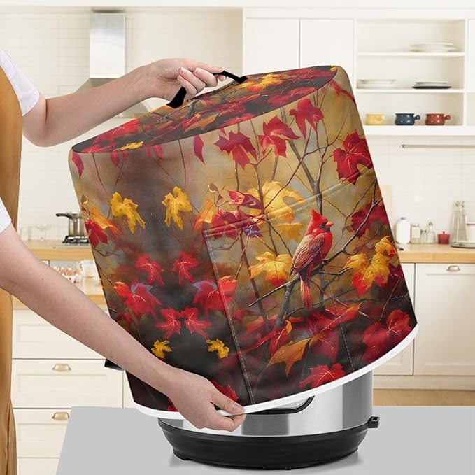 Xoenoiee Cardinal Bird Kitchen Appliance Dust Cover with Pockets, Maple Leaf Print Electric Pressure Cooker Cover Compatible with Crock Pot, Rice Cooker Covers Fall Decor, for 8 Qt Pot