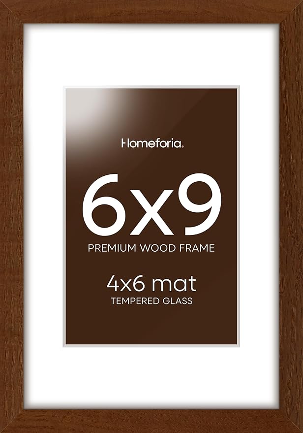 Homeforia 6x9 Picture Frame Brown Wood, High End Dark Oak 6x9 Walnut Wooden Frames with Mat 4x6 Photo, 6 x 9 Frame Matted to 4 x 6 Print, 9x6 Wall or Tabletop Frame, Tempered Glass, Wall Kit, Set of 1