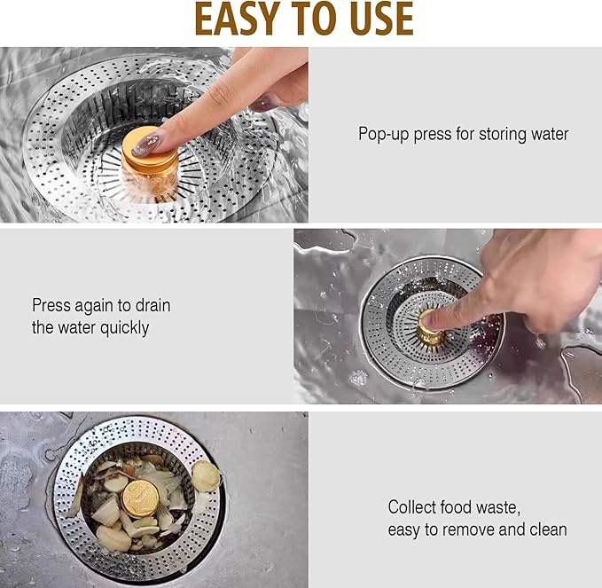 Kitchen Sink Drain Strainer Stainless Steel,Sink Food Catcher Press - Activated, Kitchen Sink Stopper and Drain Stop,Drain Cover Plug Filter Kitchen Sink,Sink Strainer Basket,Gold Kitchen Accessories