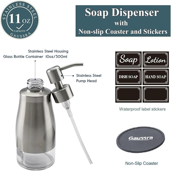Gaussra Soap Dispenser with Coaster and Stickers - 11 OZ / 320 ML | Brushed - Image 3