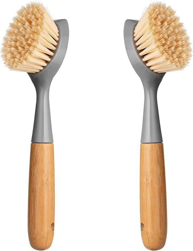 2 Pack Kitchen Dish Brush Bamboo Handle Dish Scrubber Built-in Scraper | Scrub by Songtaste