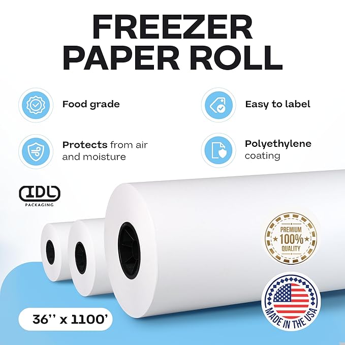 Freezer Paper Roll 36" x 13200" (1100 feet) - USA-made Large White Paper for Freezing Food, Meat & Fish - Freezer Material with Special Coating-Strong Barrier Against Air and Moisture by IDL Packaging