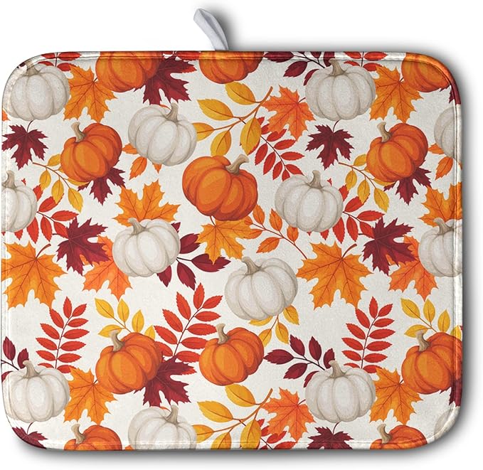 Fall Dish Drying Mat for Kitchen Counter Autumn Orange White Pumpkin Maple by Kwlegh
