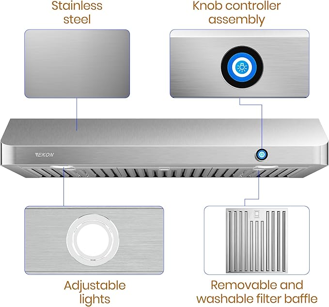 EKON 42 inches Under Cabinet Range Hood, 900 CFM Stainless Steel Kitchen Chimney Vent, 4 Speed Touch Screen Control With Remote 2Pcs 3W LED Knob Control