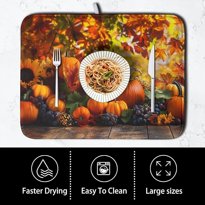 Fall Dish Drying Mat Autumn Harvest Pumpkin Maple Leaf Sunflower Drying Mats - Image 4