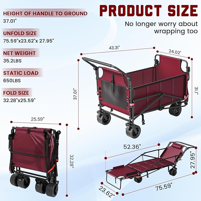LEVELEVE Heavy Duty Folding Wagon - 2-in-1 Collapsible Cart, 650lb Capacity, All-Terrain Wheels w/Brakes & Side Pockets (Red)