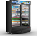 Tylza Commercial Refrigerator, Double Glass Door Display Beverage Fridge, 41.3 Cu Ft Upright Beverage Cooler Merchandiser with Replaceable Advertising Light Board, Rebound Door, Fast Cooling, Black