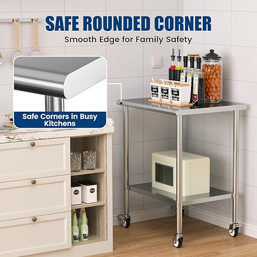 Stainless Steel Work Table with Wheels, 24x30 Inch NSF Kitchen Prep Table with Adjustable Undershelf for Commercial Restaurant, Garage, Outdoor BBQ