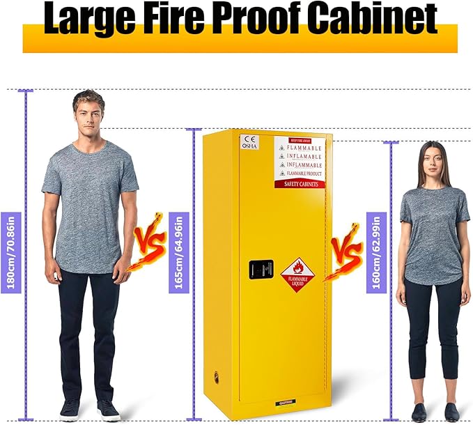 Flammable Safety Cabinet 23" x 18" x 65" Yellow, Cold-Rolled Steel 50 Gallon Explosion Proof Cabinet, 2 Adjustable Shelves & Vent Design for Commercial Garages, Lab & Industrial Facilities