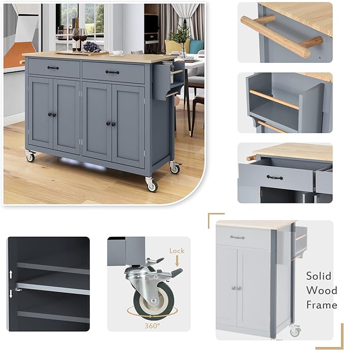 Favfurish Kitchen Island Cart on Locking Wheels with 4 Cabinet and 2 Drawers, Rolling Coffee Bar Trolley w/Solid Wood Tabletop, Adjustable Shelves, Spice & Towel Side Rack, for Dining Room, Gray