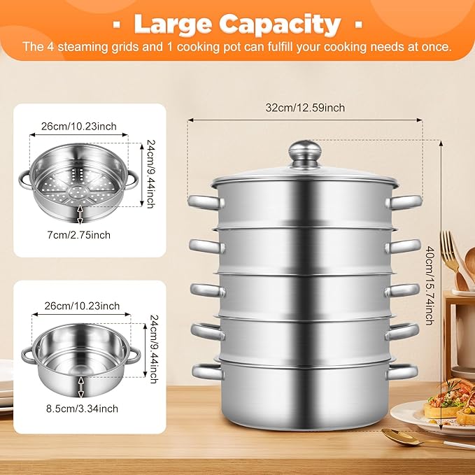 5-Tier Stainless Steel Steamer, 26cm Meat Vegetable Cooking Steam Pot, Large Capacity Household Cookware Pot for Steaming Corn, Dumplings, Buns, Fish