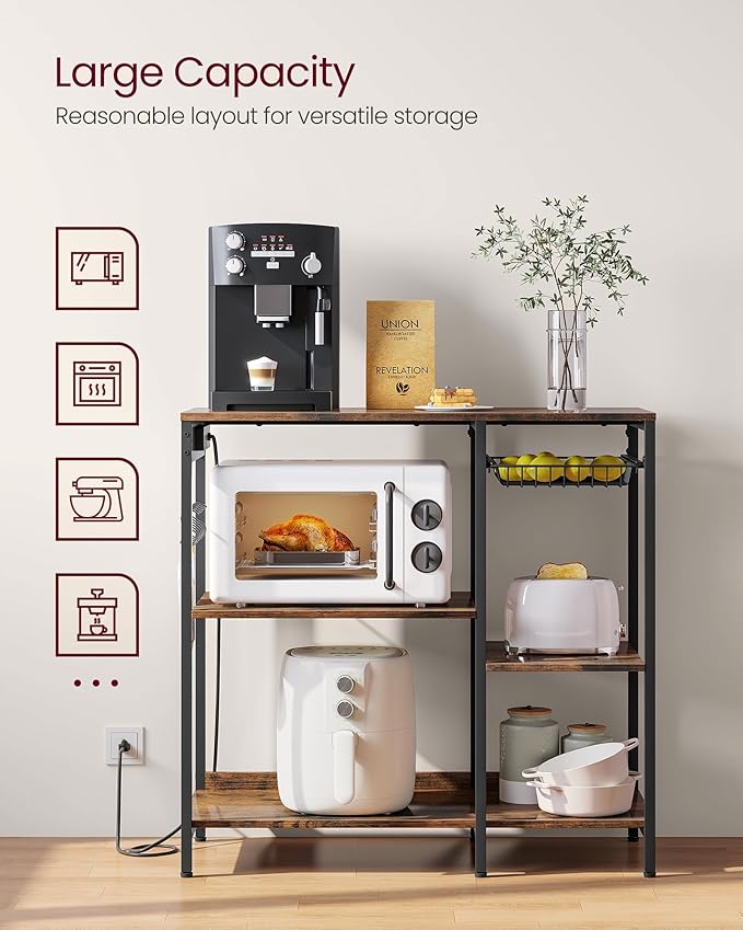 VASAGLE Baker's Rack, Coffee Bar Stand with Charging Station, 35.6 Inches Tall, Storage Shelves, Pull-Out Wire Basket, Table for Microwave, Kitchen, Rustic Brown and Ink Black UKKS036K01
