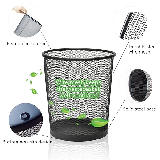 Mesh Trash Can 10-Pack,6 Gal Black Office Trash Can for Near Desk,Wide Open Top & Thickened Metal Wire Wastebaskets,Black Mesh Trash Cans for office,Recycling Garbage Container Bin for Home,School