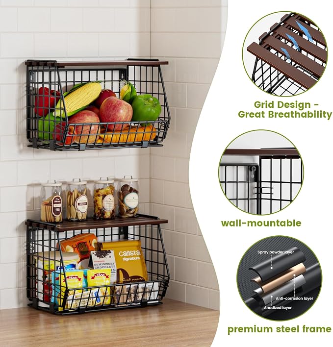 Hanging Fruit Basket for Kitchen, 3 Pack Vegetable Produce Basket - Image 4