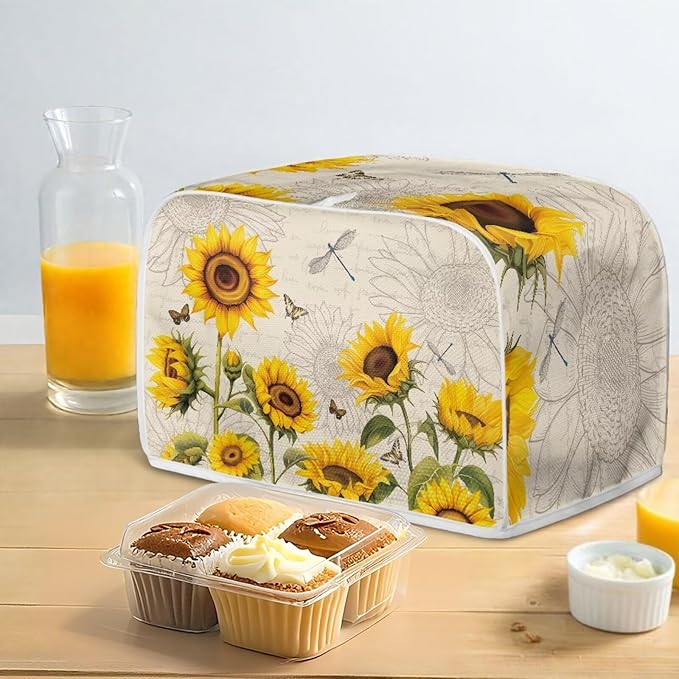 Dragonfly Sunflower Print Toaster Cover 2 Slice Dustproof Protectors Small Appliance Bread Maker Covers Anti Stains Kitchen Protection Accessories