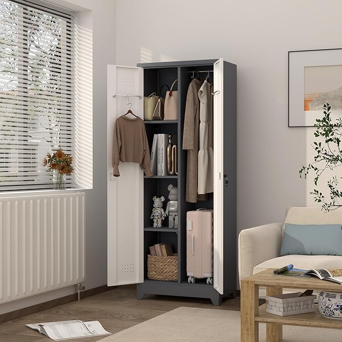 GREATMEET 65" H Broom Closet, Broom Closet Cabinet with Pegboard and Hanging Rod, Cleaning Tool Storage Cabinet, Tall Metal Utility Closets with Locking Doors for Bathroom, Garage