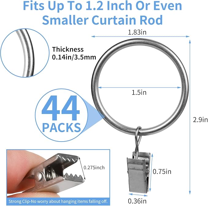 Curtain Rings with Clips, 44 Pack Metal Drapery Rings with Clips Hooks Hangers - Image 2