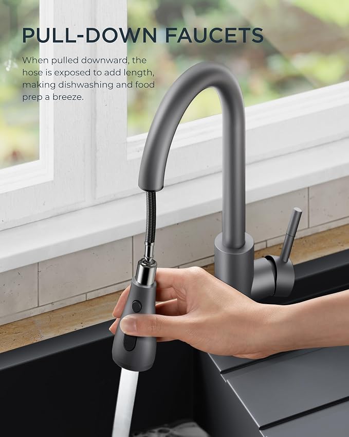 FORIOUS Kitchen Faucets with Pull Down Sprayer, Stainless Steel, Single Handle - Image 2