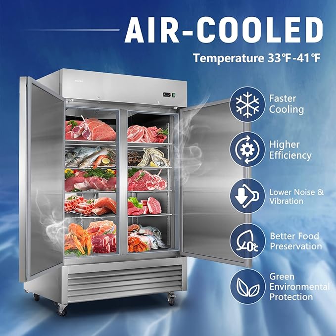 JINSONG 54" Commercial Refrigerator with 2 Solid Door, 49 cu.ft Stainless Steel Reach-in Refrigerator, commercial fridge for Restaurant, Bar, Shop, Residential