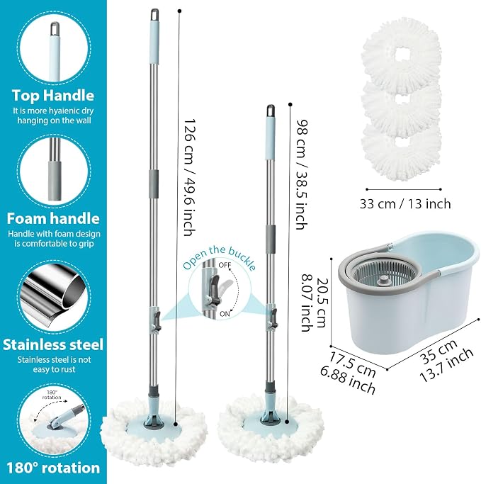 Spin Mop and Bucket with Wringer Set, 3 Microfiber Mop Heads - Image 2