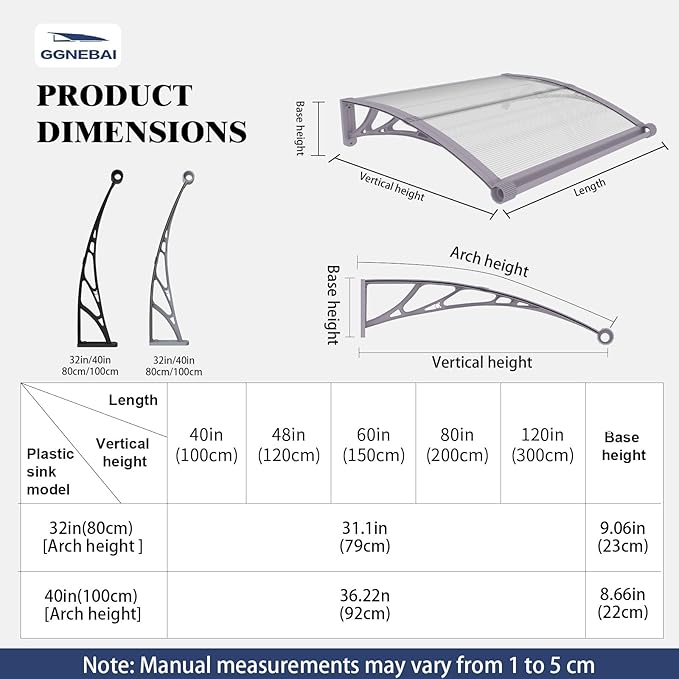 Awning for Door Entrance with Drainage Sink,32x60 Inch Awnings for Doors,Window Canopy Exterior with Plastic Steel Bracket,Polycarbonate Cover,UV,Rain,Snow Protection for House,Porch,Patio,Deck