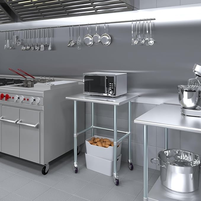 Stainless Steel Work Table Open Base & Wheels | Work Station | Metal Work Bench (Stainless Steel Work Table Open Base + Casters) (30" Long x 24" Deep)
