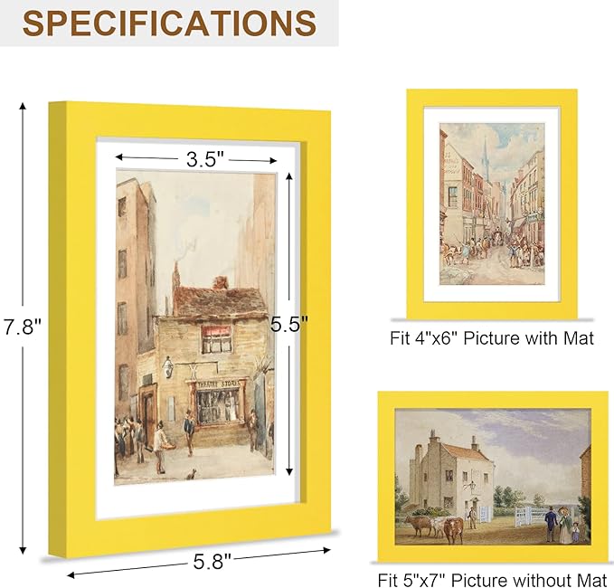 Vittanly 5x7 Picture Frame, Solid Wood Frame with Plexiglass, Includes 4x6 Mat, Wall Hanging or Tabletop for Home Decor, Yellow, 1 Pack