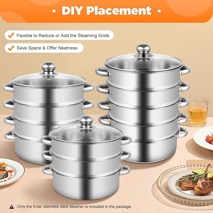 5-Tier Stainless Steel Steamer, 26cm Meat Vegetable Cooking Steam Pot, Large Capacity Household Cookware Pot for Steaming Corn, Dumplings, Buns, Fish
