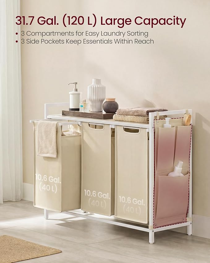 VASAGLE Laundry Hamper with Shelf, 3 Pull-Out Bags, 3 x 10.6 Gallons - Image 3