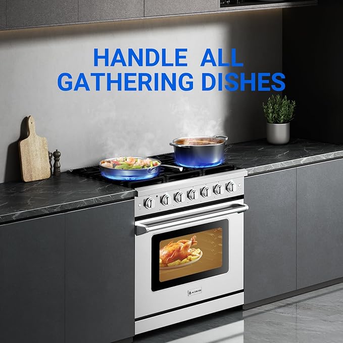 AAOBOSI 36 Inch Front Control Gas Range Oven with 6 Cooktop Burners, 6 Cu. Ft True Convection and Self Clean, Freestanding Stainless Steel Heavy Duty Gas Range Stove with Halogen Light,Large Capacity