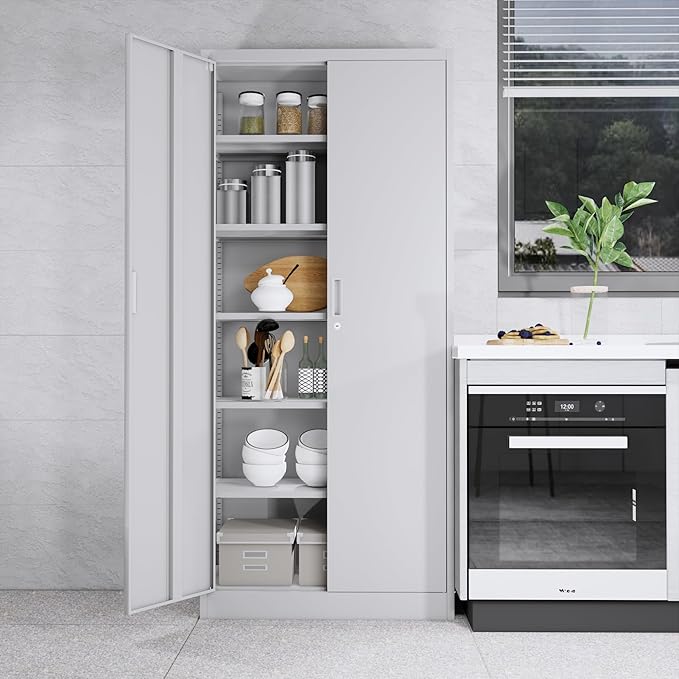 CJF Metal Storage Cabinet, 72" H Locking Storage Cabinet with Adjustable Shelvesand Doors, Metal Cabinets for Office/Home/Garage/School-White