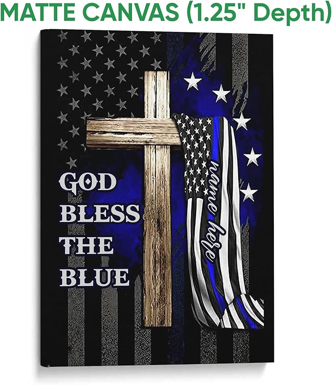 Personalized Police Poster & Framed Canvas, God Bless The Blue Home Office Decor, Custom Name Bedroom Living Room Aesthetic Wall Art Gift For Police Officer, Policeman, Husband, Men