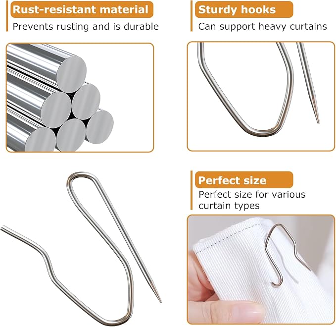 100 Pack Silver Metal Curtain Hooks Pin-On Drapery Hooks, Suitable - Image 6